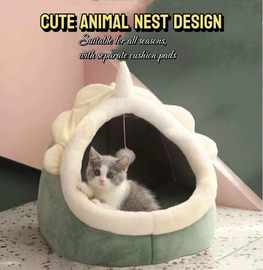 2-in-1 Cute Cat Cave Bed – Indoor Cat Tent with Removable Washable Cushion – Cozy Kitten Hideaway with Non-Slip Bottom