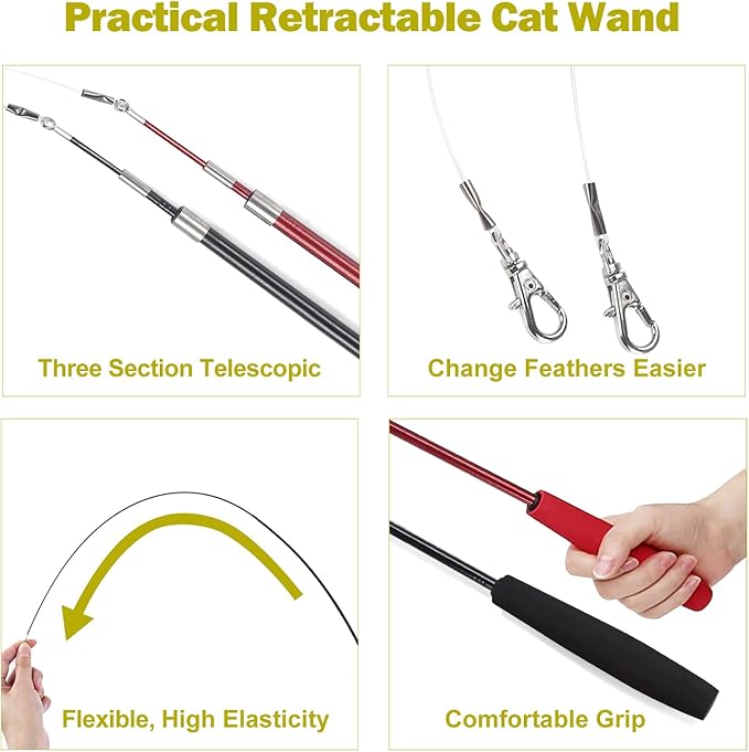 Interactive Cat Wand Toy Set – Telescopic Wand with Feather, Worm, Fish & Butterfly Refills – Exercise Toy for Indoor Cats