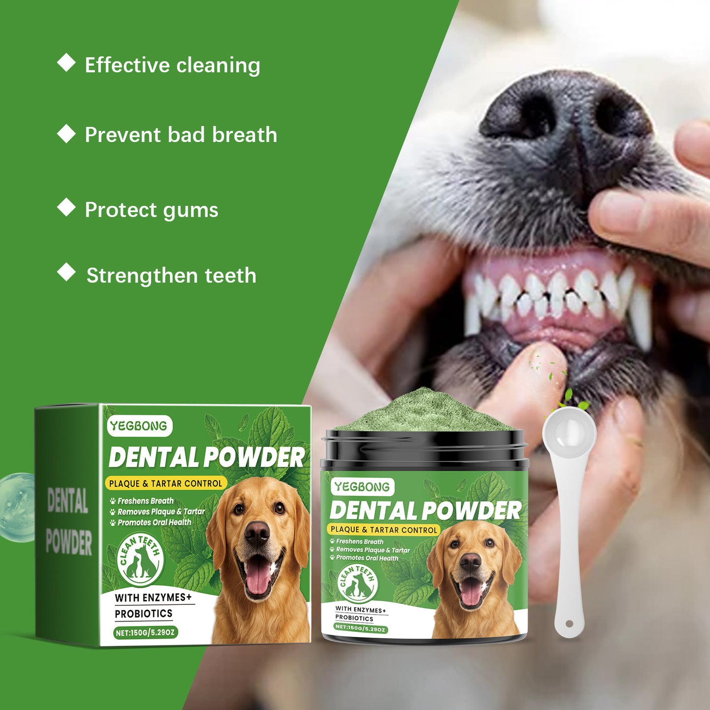 Yegbong Dog Teeth Cleaning Powder – Plaque & Tartar Remover, Breath Freshener with Natural Enzymes, Seaweed & Probiotics – 60-Day Supply