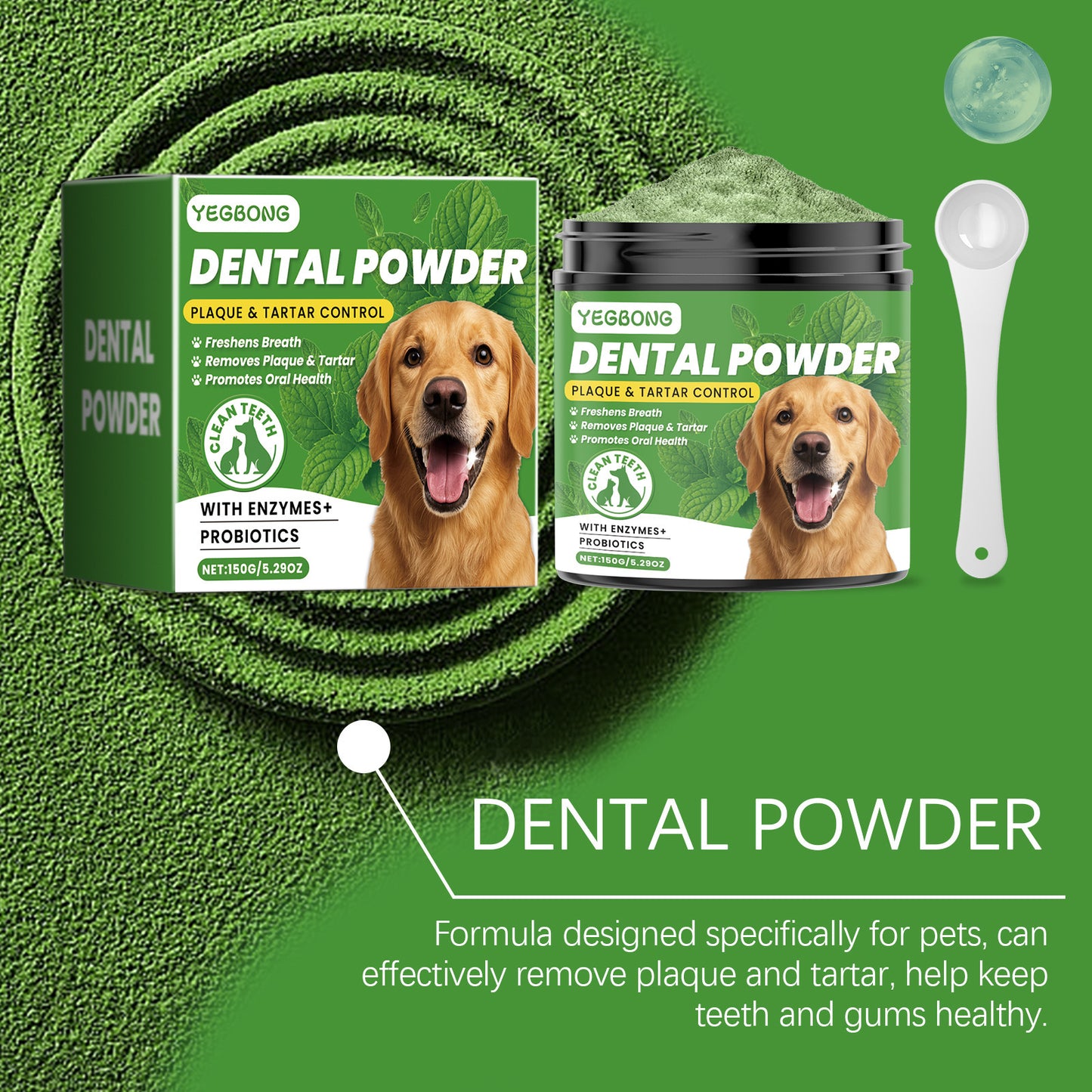Yegbong Dog Teeth Cleaning Powder – Plaque & Tartar Remover, Breath Freshener with Natural Enzymes, Seaweed & Probiotics – 60-Day Supply