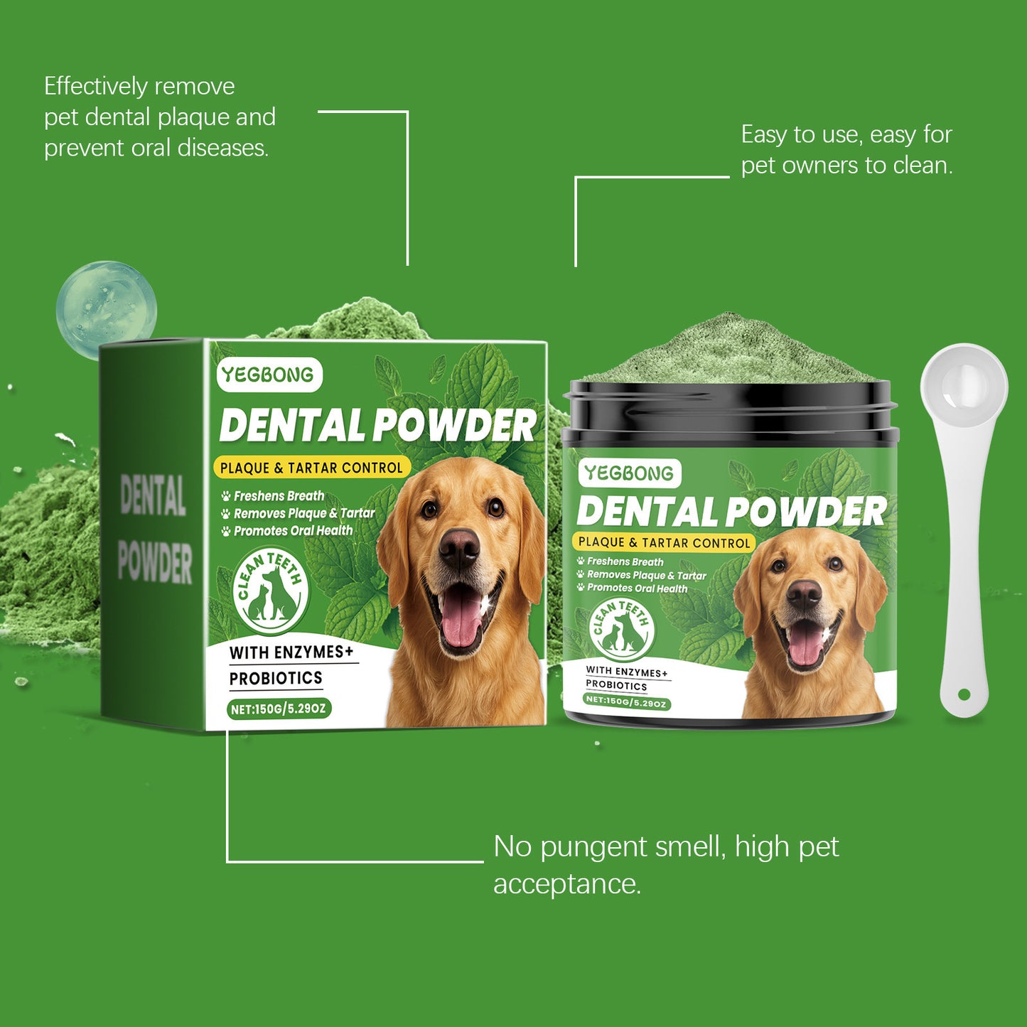 Yegbong Dog Teeth Cleaning Powder – Plaque & Tartar Remover, Breath Freshener with Natural Enzymes, Seaweed & Probiotics – 60-Day Supply
