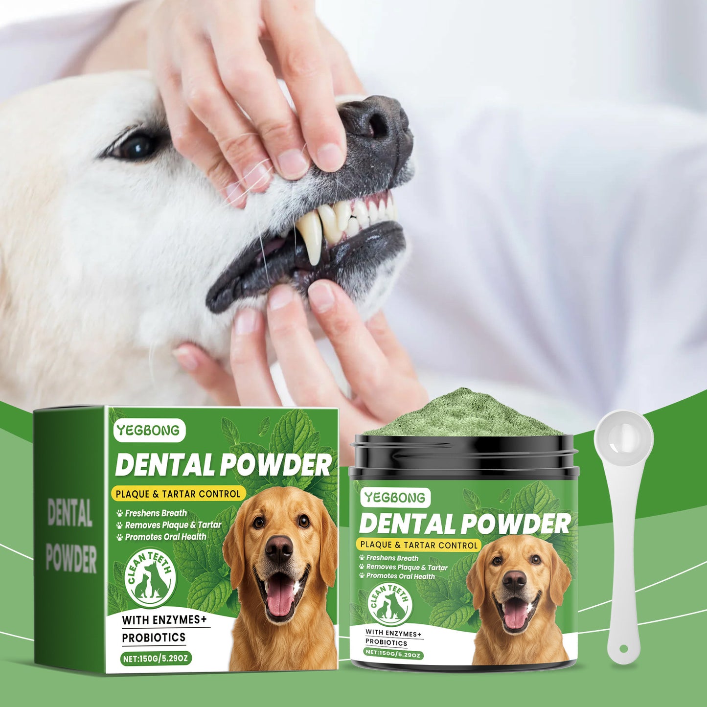 Yegbong Dog Teeth Cleaning Powder – Plaque & Tartar Remover, Breath Freshener with Natural Enzymes, Seaweed & Probiotics – 60-Day Supply