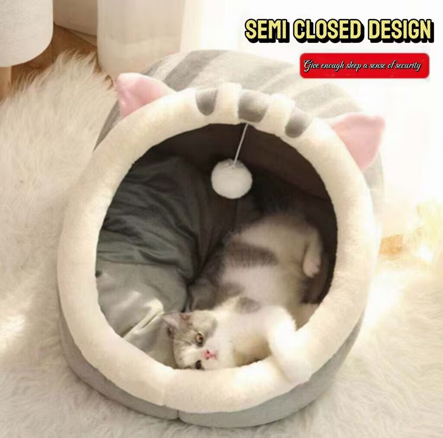 2-in-1 Cute Cat Cave Bed – Indoor Cat Tent with Removable Washable Cushion – Cozy Kitten Hideaway with Non-Slip Bottom