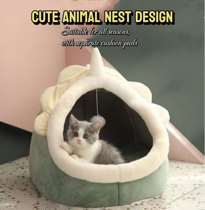 2-in-1 Cute Cat Cave Bed – Indoor Cat Tent with Removable Washable Cushion – Cozy Kitten Hideaway with Non-Slip Bottom