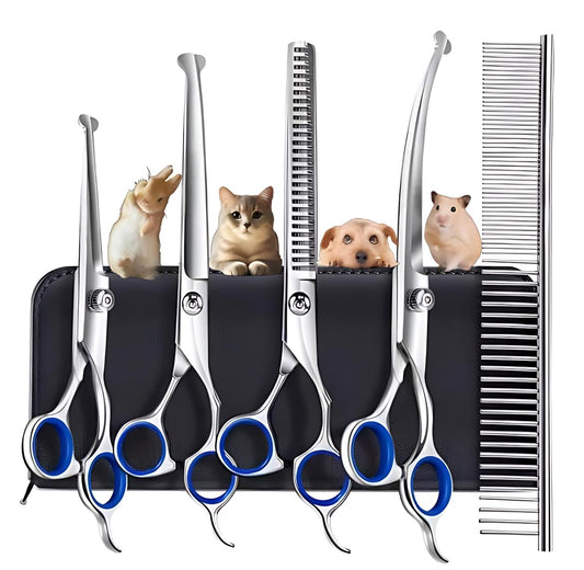 Pet Grooming Scissors Kit – 4-Piece Set with Straight, Curved, Thinning Scissors & Comb for Dogs and Cats