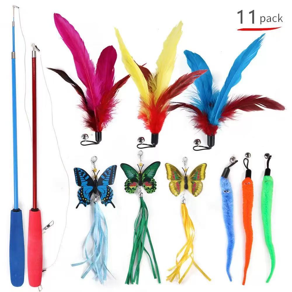 Interactive Cat Wand Toy Set – Telescopic Wand with Feather, Worm, Fish & Butterfly Refills – Exercise Toy for Indoor Cats