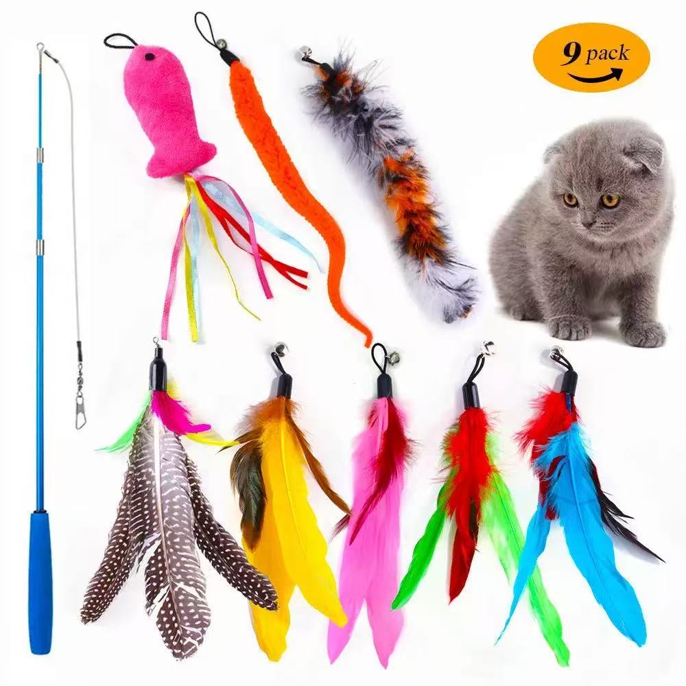 Interactive Cat Wand Toy Set – Telescopic Wand with Feather, Worm, Fish & Butterfly Refills – Exercise Toy for Indoor Cats
